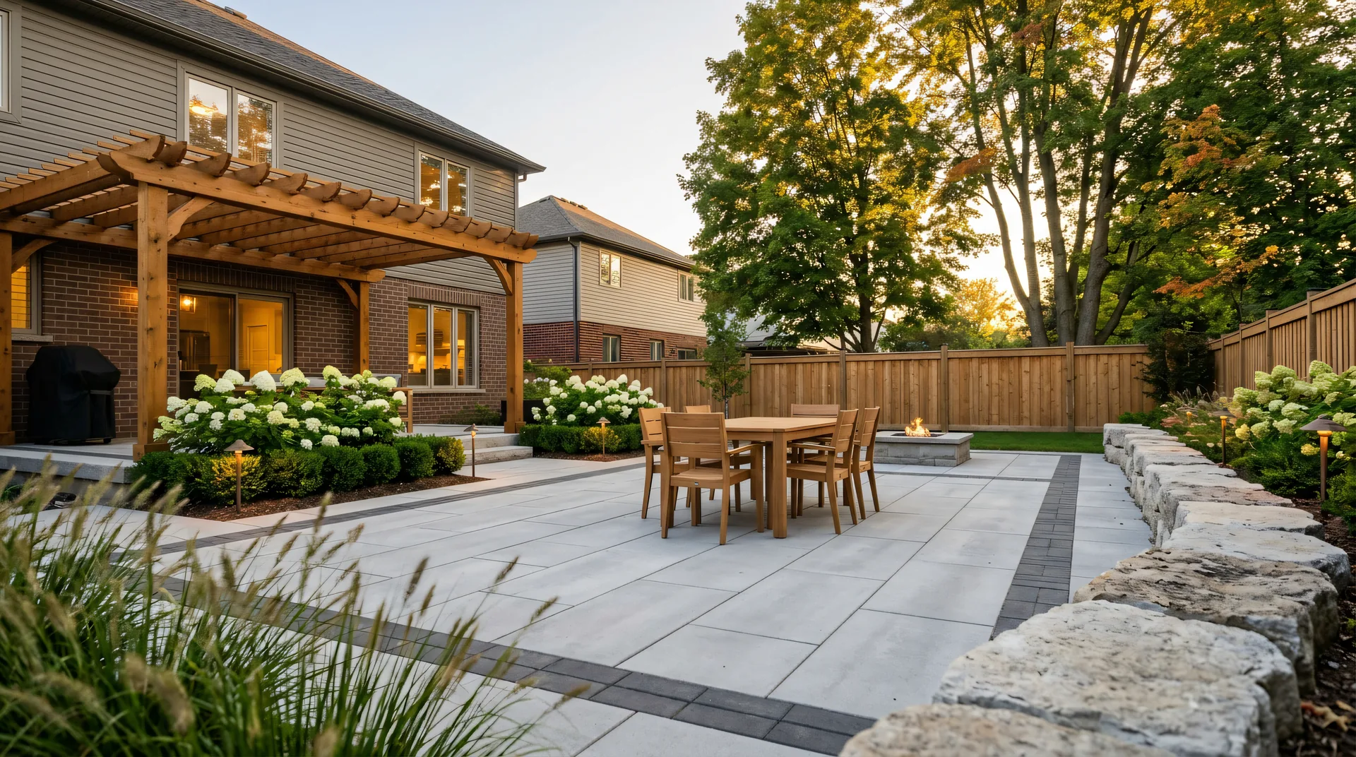 Outdoor living design concept: large-format paver patio with a charcoal border, cedar pergola, dining table and fire feature, framed by armour stone and ornamental grasses at golden hour