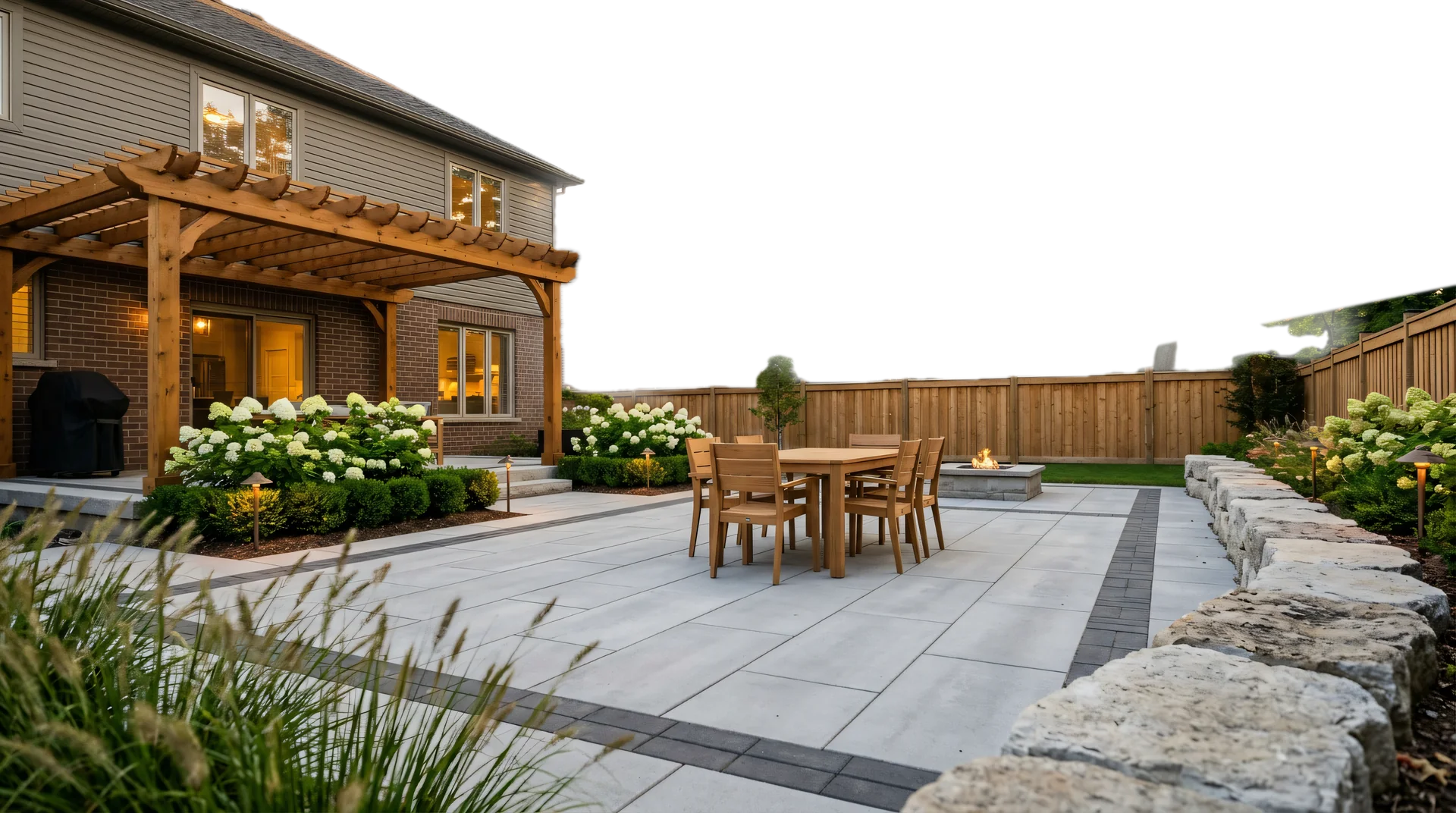 Outdoor living design concept: large-format paver patio with a charcoal border, cedar pergola, dining table and fire feature, framed by armour stone and ornamental grasses at golden hour