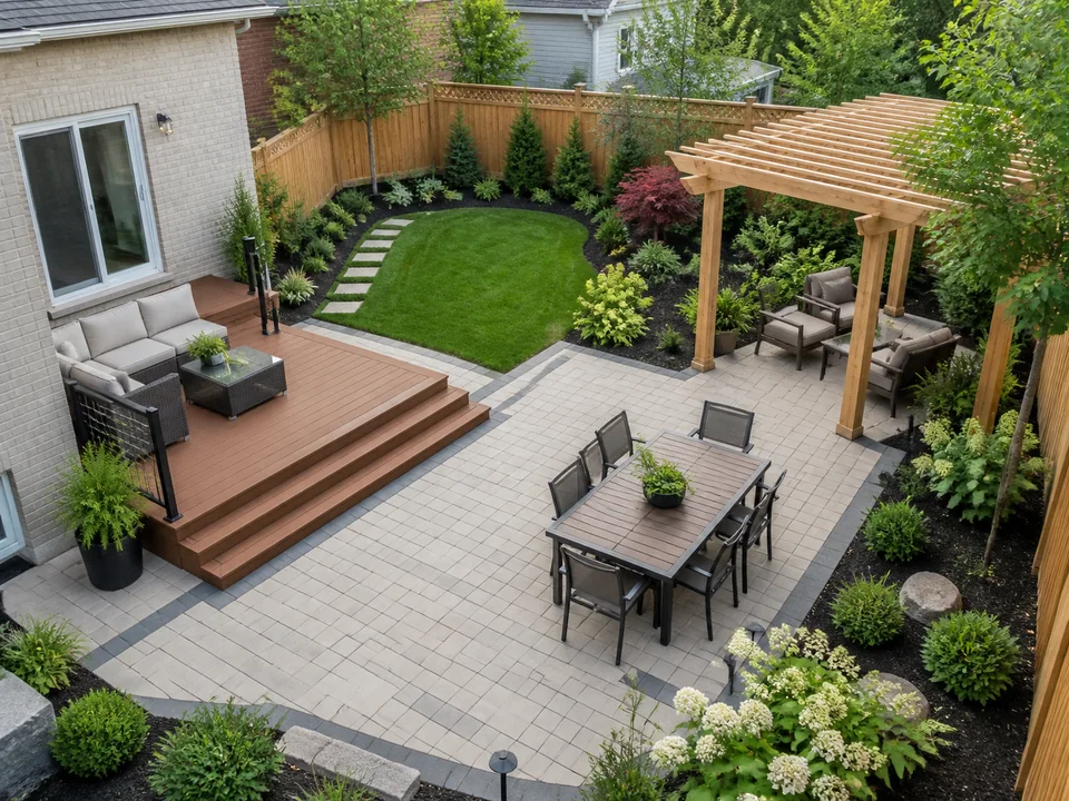 Complete backyard with patio, deck, pergola and planting — illustrative concept