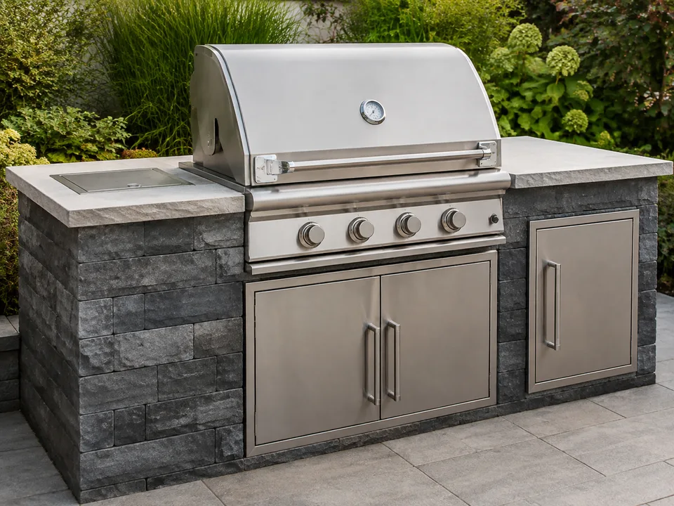 Built-in outdoor grill and kitchen counter — illustrative concept