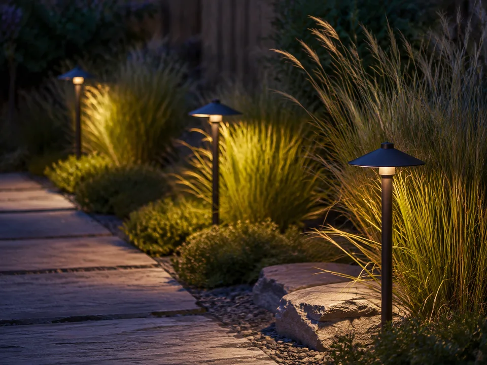 Landscape path lights illuminating a garden at dusk — illustrative concept