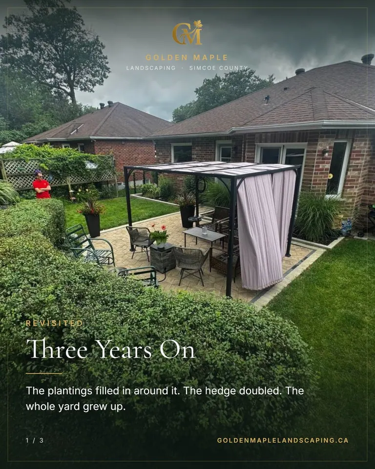 Instagram post from goldenmaplelandscaping.ca, July 2026: Three years on, and the patio hasn't moved.