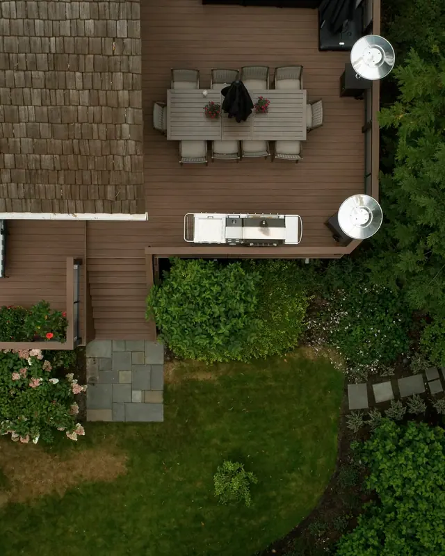 Aerial photograph of a backyard deck and walkway layout